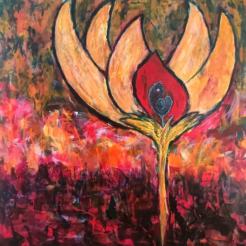 Akryl/lærred, 100 x 100 cm. Med 2 lag fernis for beskyttelse og shine- Med ophæng. .