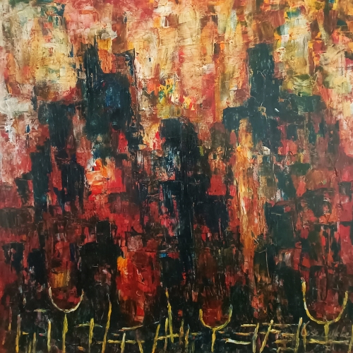 Akryl/lærred, 100 x 100 cm. Med 2 lag fernis for beskyttelse og shine. Med ophæng.