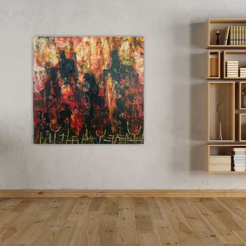 Akryl/lærred, 100 x 100 cm. Med 2 lag fernis for beskyttelse og shine. Med ophæng.