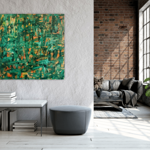 Akryl/lærred, 100 x 100 cm. Med 2 lag fernis for beskyttelse og shine- Med ophæng. .