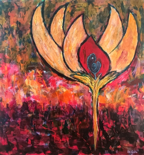 Akryl/lærred, 100 x 100 cm. Med 2 lag fernis for beskyttelse og shine- Med ophæng. .