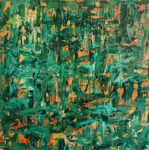 Akryl/lærred, 100 x 100 cm. Med 2 lag fernis for beskyttelse og shine- Med ophæng. .