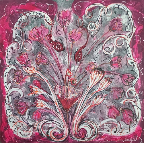 Akryl/lærred, 100 x 100 cm. Med 2 lag fernis for beskyttelse og shine. Med ophæng.