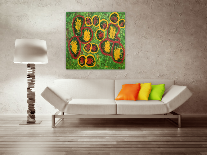 Akryl/lærred, 100 x 100 cm. Med 2 lag fernis for beskyttelse og shine- Med ophæng. .