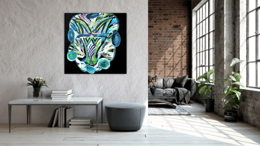 Akryl/lærred, 100 x 100 cm. Med 2 lag fernis for beskyttelse og shine- Med ophæng. .