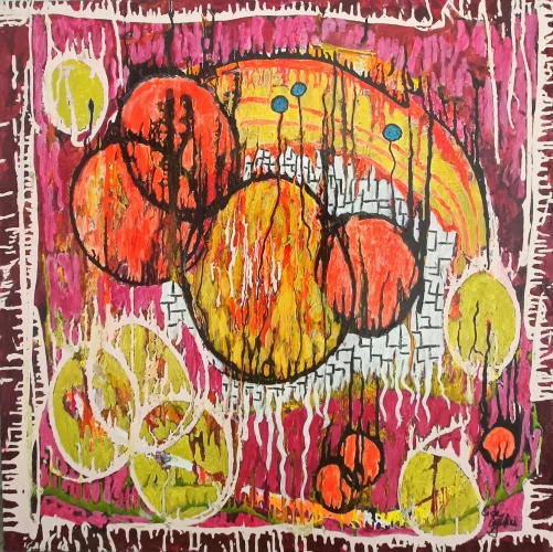 Akryl/lærred 100 x 100 cm. Med to lag fernis, for beskyttelse og shine.