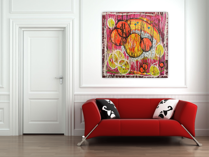 Akryl/lærred, 100 x 100 cm. Med 2 lag fernis for beskyttelse og shine- Med ophæng. .