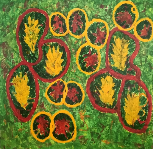 Akryl/lærred 100 x 100 cm. Med to lag fernis, for beskyttelse og shine.